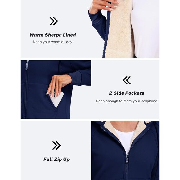 Women's Fleece Zip Up Hoodie Sherpa Lined Winter Jacket with Pockets Large - Picture 6 of 9